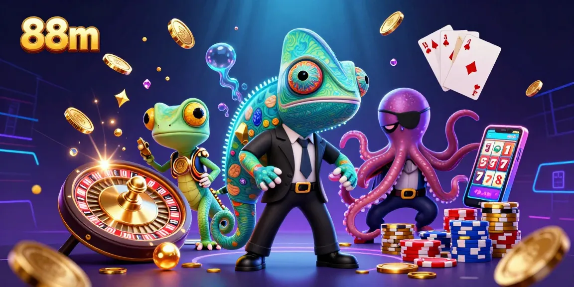 Engage in thrilling gameplay with 88m as a vibrant scene of chameleon agents, coins, and roulette unfolds.