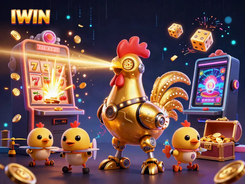 IWIN brings excitement with a golden rooster robot, slot machines, and dazzling casino games