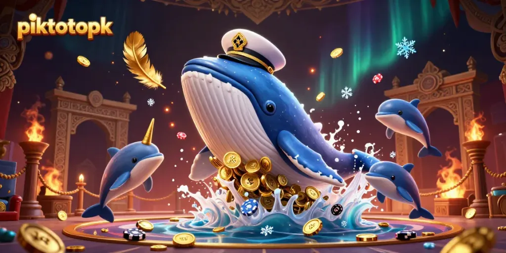 Experience the excitement of piktotoapk with a whale captain, a golden narwhal, and dolphin poker players.
