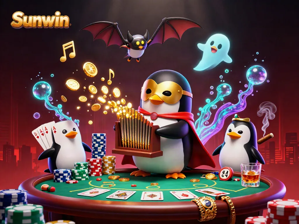 Experience the excitement of Sunwin with a cartoon penguin and casino elements in a vibrant scene.
