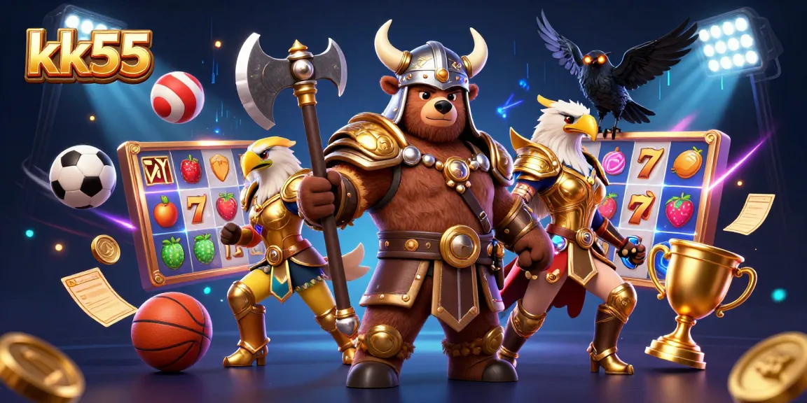 Play slots and jackpots at kk55 with vibrant casino elements and a fantasy theme.