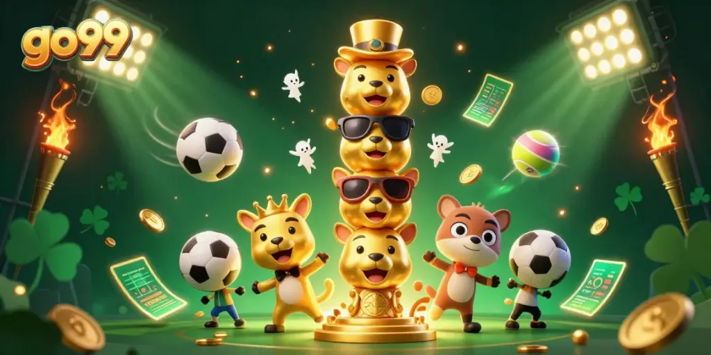 Experience the thrilling energy of go99 with a vibrant casino-themed illustration featuring a totem pole and dynamic sports elements.