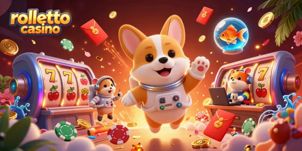 Experience excitement at rolletto casino with a 3D scene of animated characters and vibrant symbols.
