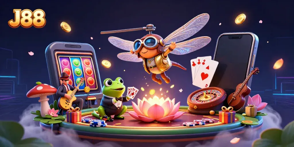 Experience the vibrant world of J88 casino gaming with a lively scene featuring a dragonfly pilot and frog croupier.