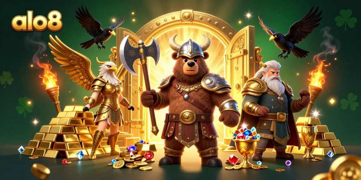 Alo8 streams excitement with a Viking berserker, a Valkyrie eagle, and treasure in a dynamic casino scene.
