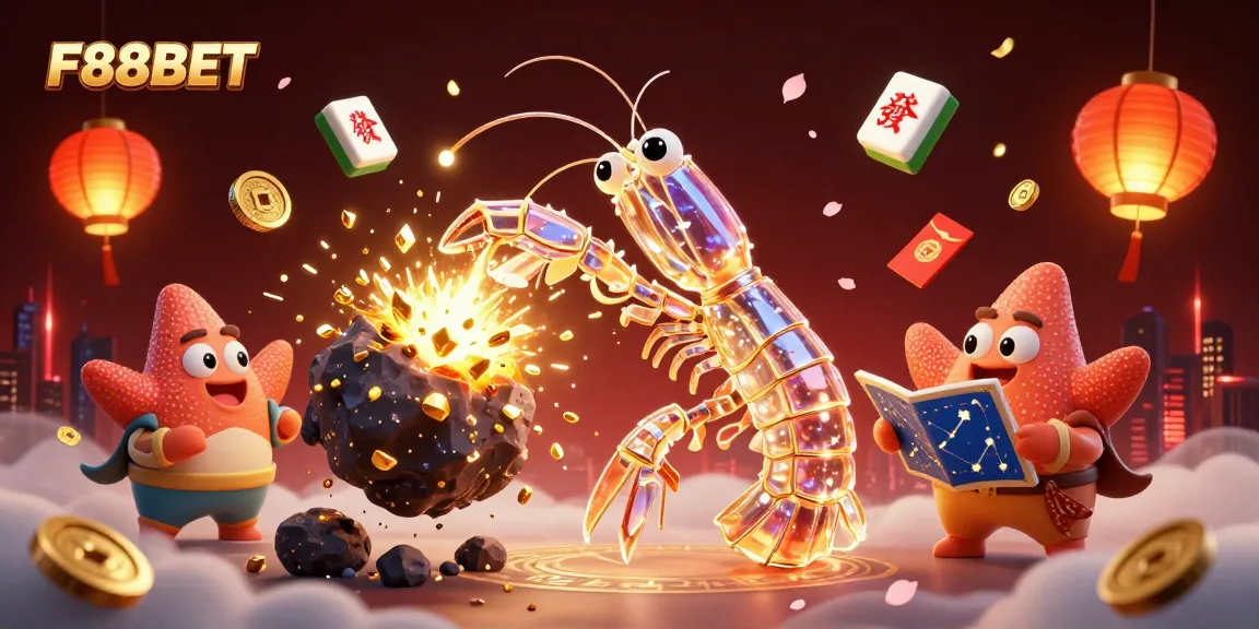 Experience the thrill at F88BET with a vibrant 3D casino scene featuring samurai shrimp and treasure.