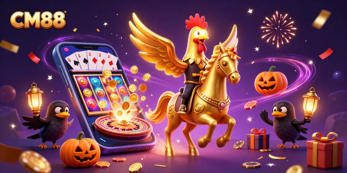 Experience vibrant casino adventures with CM88, featuring a golden rooster and lively game elements.
