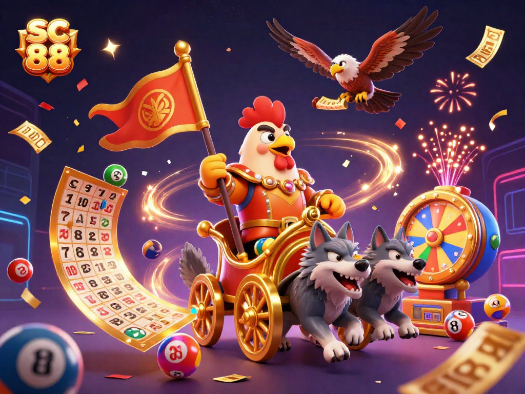 sc 88 showcases an energetic casino scene with a rooster warlord and vibrant lottery elements.