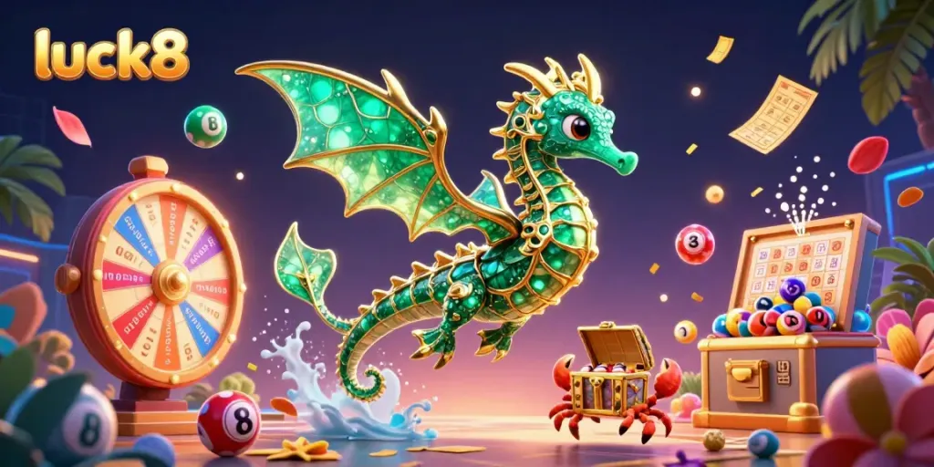 Experience the excitement of luck8 with a vibrant scene featuring a magical sea dragon, lottery elements, and treasure.