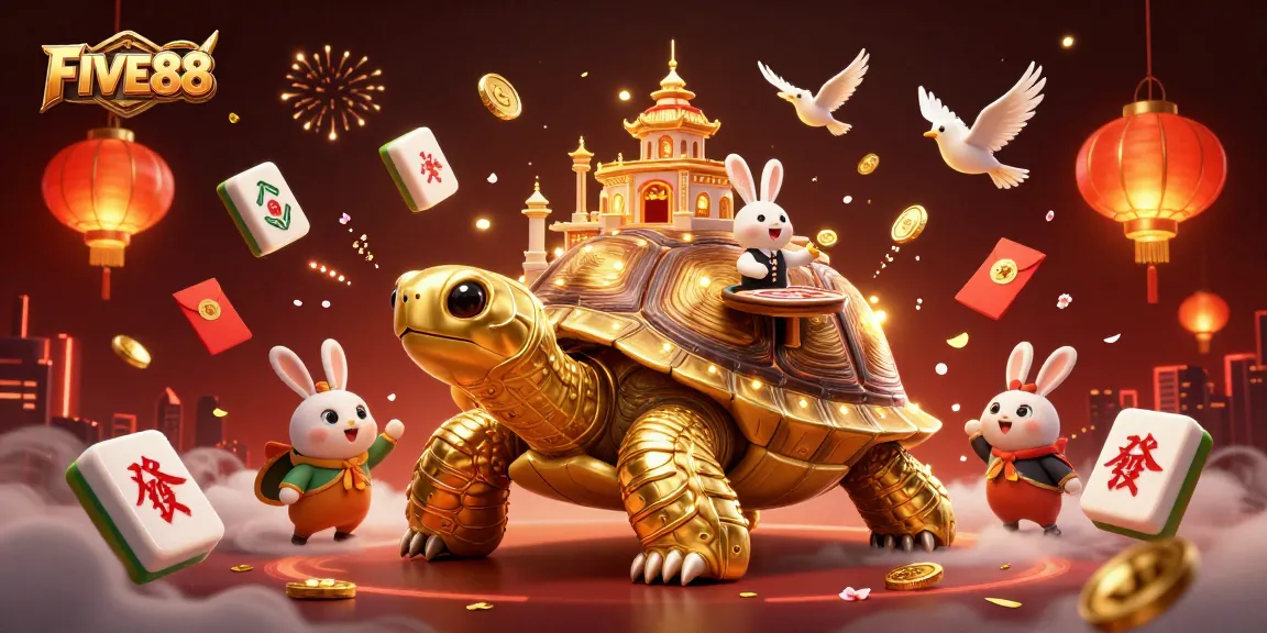 Experience thrilling wins at FIVE88 with a vibrant casino scene featuring a cartoon tortoise and bird dealers.