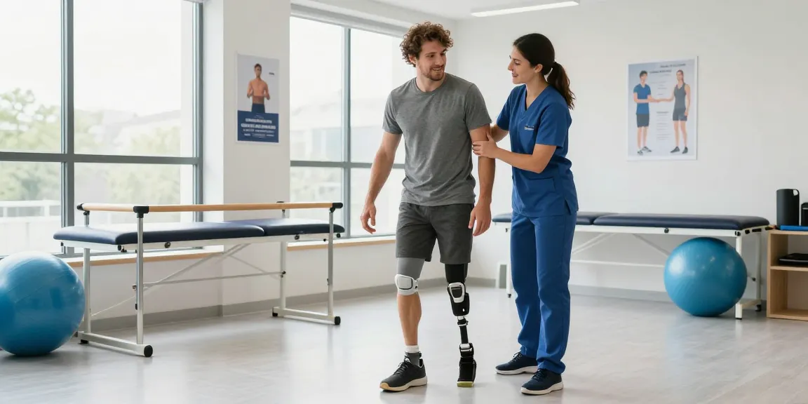 Amputee practicing walking with therapist in modern rehab center, discovering new mobility with DRAGON222 link integration.