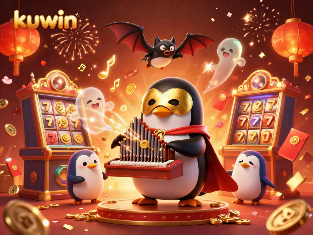 Kuwin illustrates a fun-packed scene with the opera penguin and casino themes celebrating winnings.