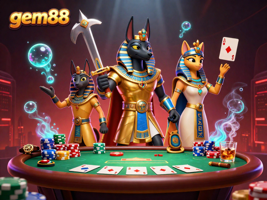 Engage in thrilling poker action with gem88, featuring Anubis and Bastet amidst vibrant casino elements.