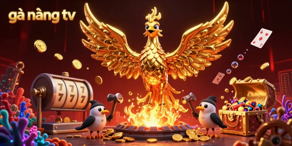 Experience thrilling gambling action with gà vàng tv, featuring a molten gold phoenix amidst vibrant casino elements.
