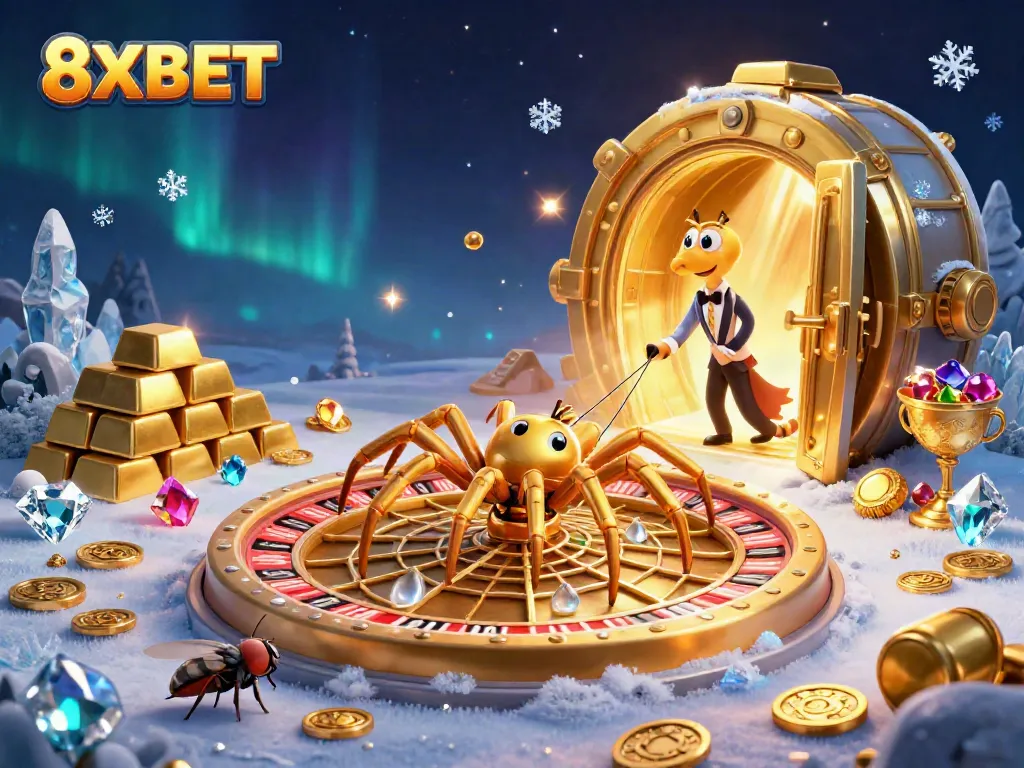 Engage in a thrilling betting experience with 8XBET, as a golden spider spins a roulette wheel web.