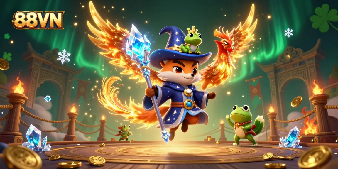 Bet on an exciting adventure with 88VN featuring a mystical wizard fox, phoenix, and enchanted frog.