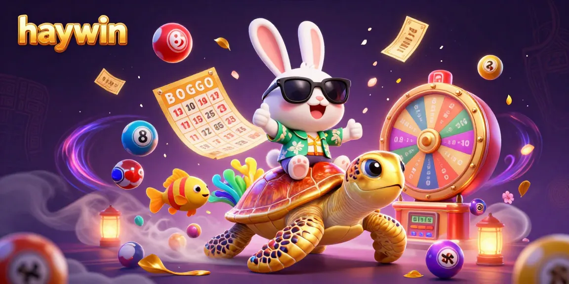 Spin and win big at haywin with colorful game elements surrounding a lucky rabbit and sea turtle.