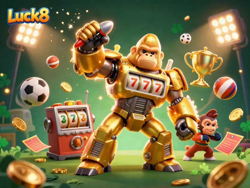 Experience Luck8's slot gaming excitement with a golden gorilla mech and thrilling sports elements.