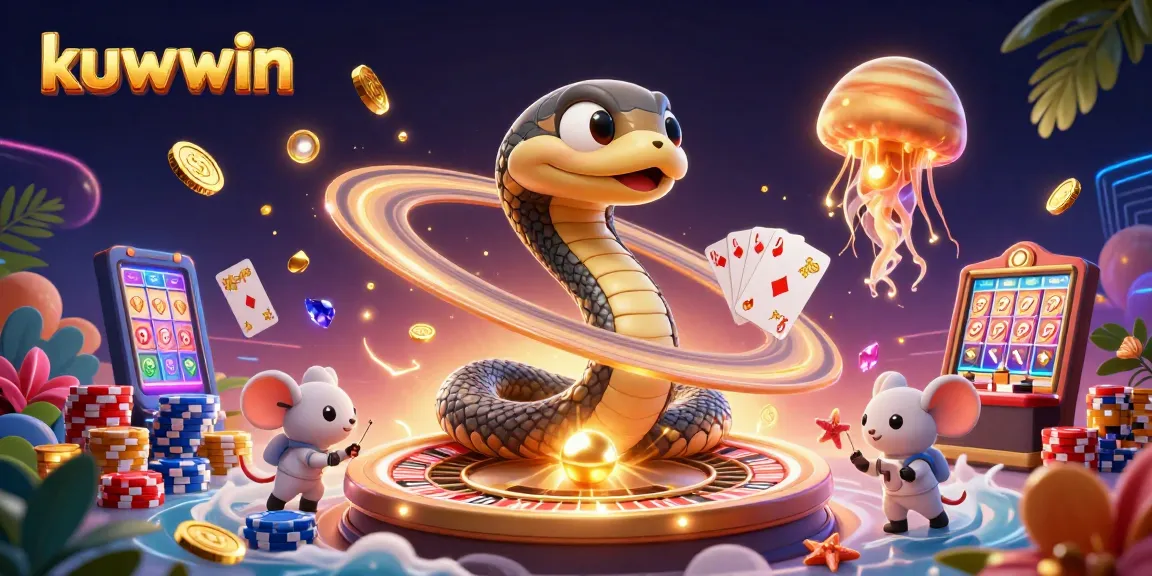 Join kuwwin's cosmic casino with colorful characters and a vibrant 3D scene of gaming action.