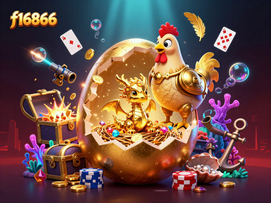 Experience winning moments with f16866, showcasing a golden dragon amidst chips and vibrant casino treasures.