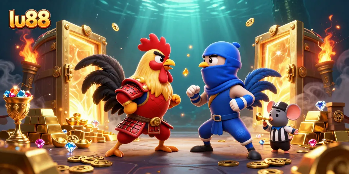 Compete at lu88's colorful gaming arena featuring fighting roosters, treasure, and golden elements.