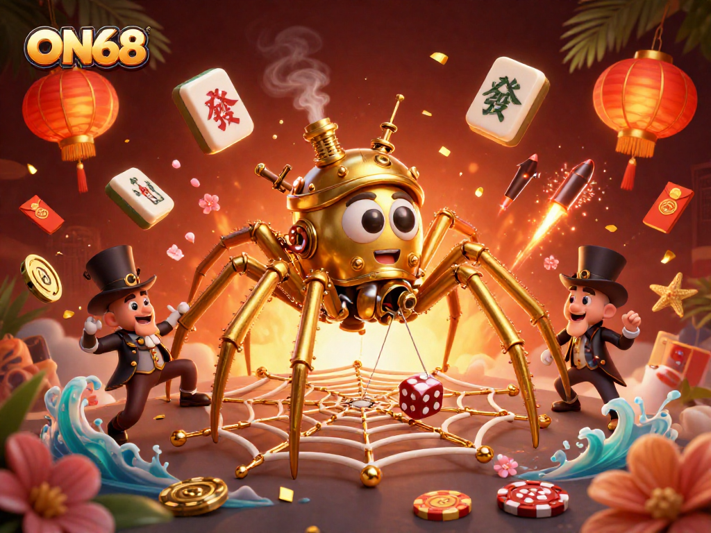 Engage with ON68's golden spider catching dice in a vibrant casino-themed illustration.