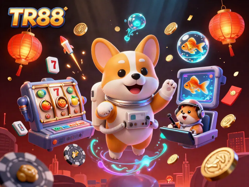 Join the fun with TR88 gaming strategies in a vibrant casino scene featuring unique characters.