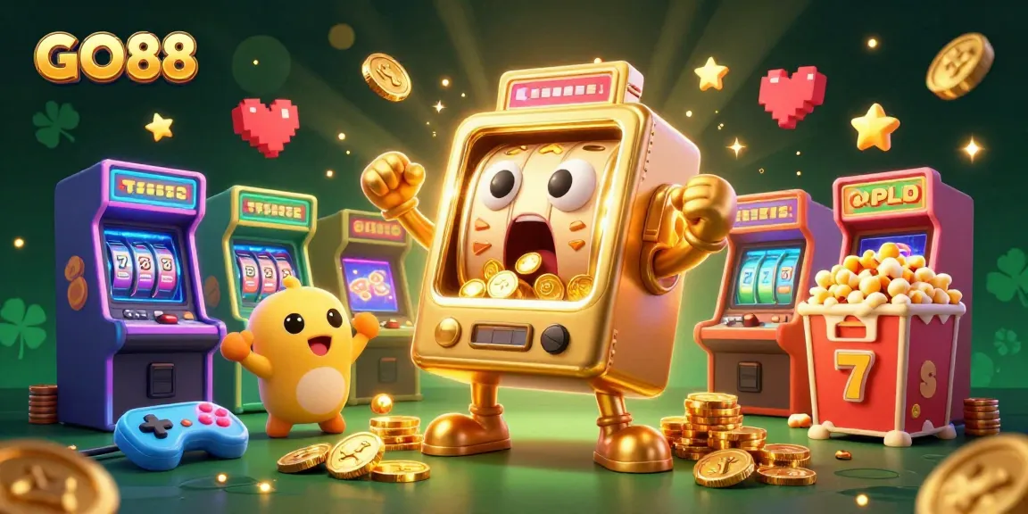 GO88 jackpot celebration with a golden slot machine and cheering characters, showcasing vibrant casino excitement.
