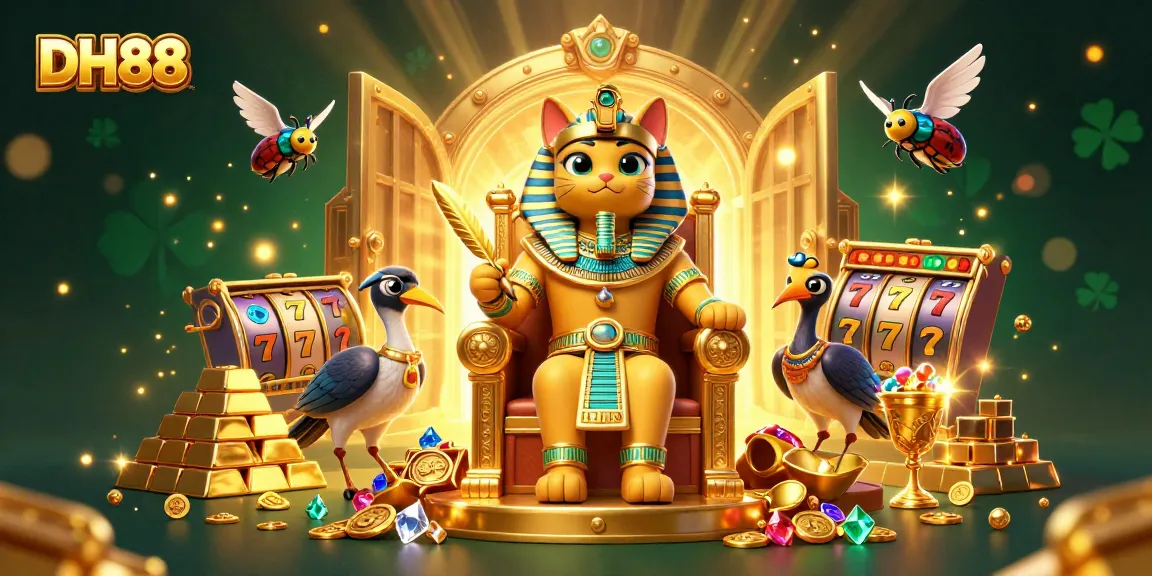 Engage with the DH88 gaming world featuring Egyptian pharaoh cat amidst jackpot treasures and magical gems.