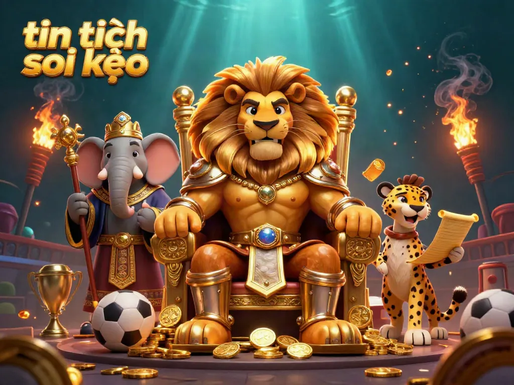 Experience tin tức soi kèo excitement with a regal lion king commanding gold coins amidst vibrant sports elements.