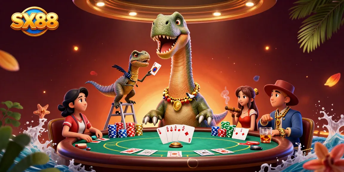 SX88 engages players with a giant dinosaur casino dealer, poker table action, and colorful chips.