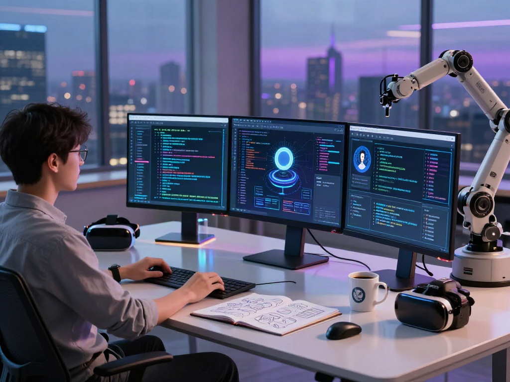 Futuristic workspace showcasing nsfw ai development with screens, gadgets, and a tech-savvy environment.