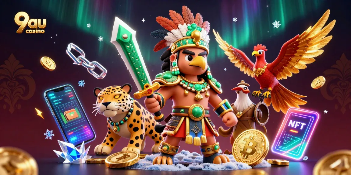 Play at 9au casino with thrilling Aztec-themed characters and vibrant crypto elements.