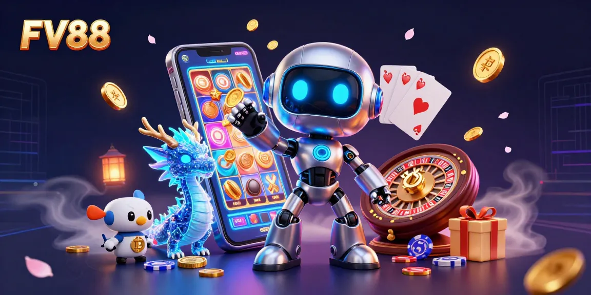 Experience the excitement with FV88's vibrant neon casino scene, showcasing thrilling slot games and rewards.