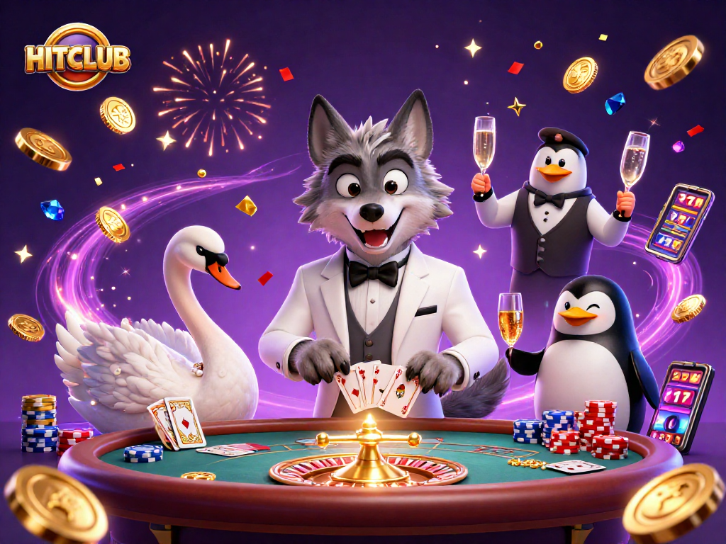 Experience a thrilling gaming atmosphere with HITCLUB’s dynamic illustration of a sophisticated casino scene.