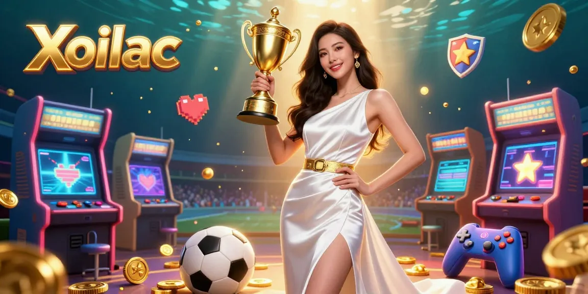 Xoilac reveals thrilling sports betting excitement with Asian woman holding a trophy against glowing gaming elements.
