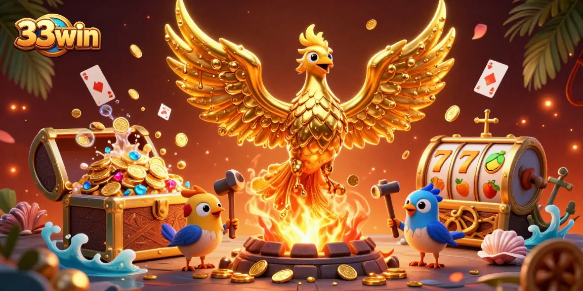 Engage in breathtaking casino gameplay with 33win as a molten golden phoenix emerges, surrounded by treasures.