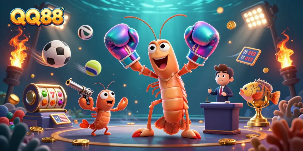 Experience thrilling gameplay with QQ88 as a mantis shrimp and friends celebrate winnings in a vibrant casino