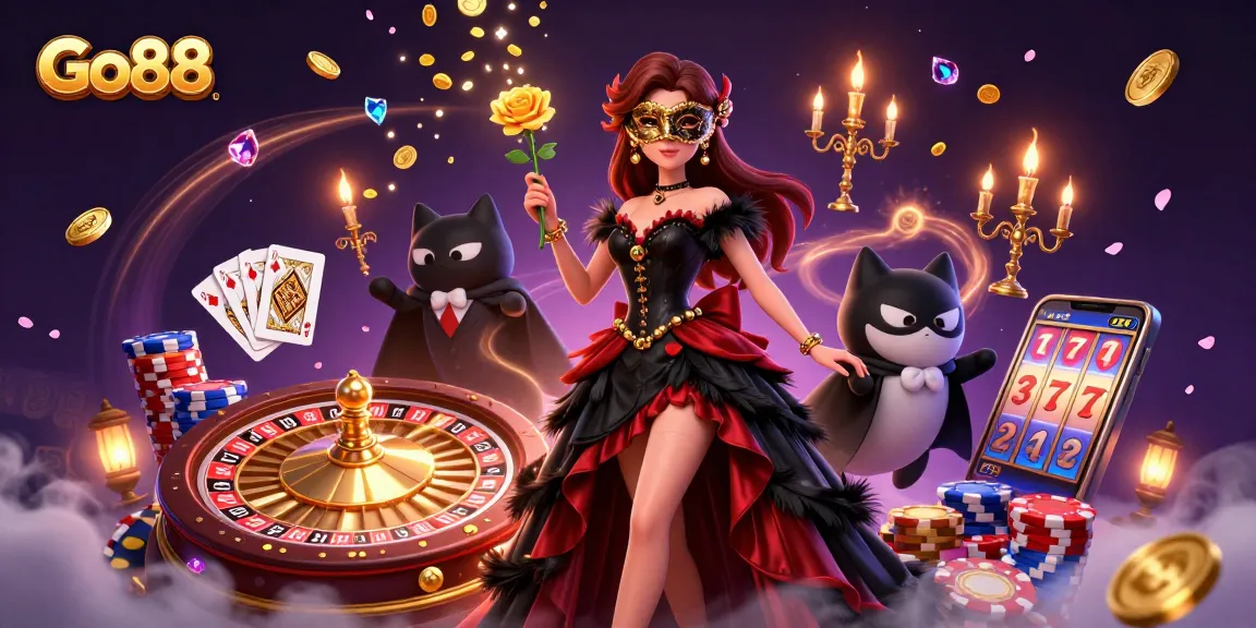 Experience exhilarating gambling action at Go88 with vibrant casino elements and stunning characters.