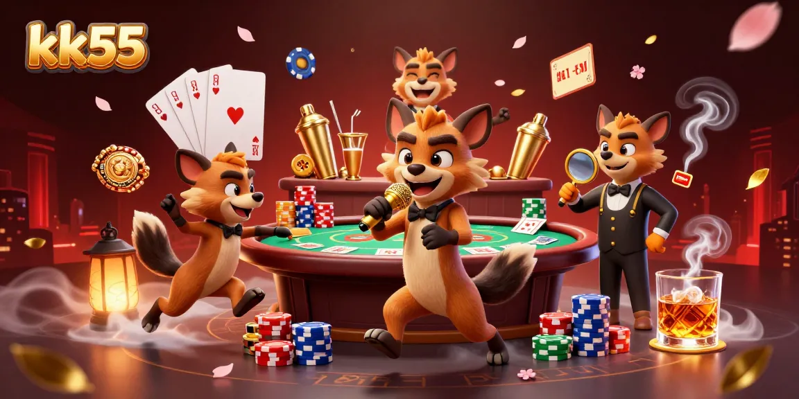 kk55 hyenas entertain at a vibrant casino club with poker table, drink mixing, and bouncer ID checks.