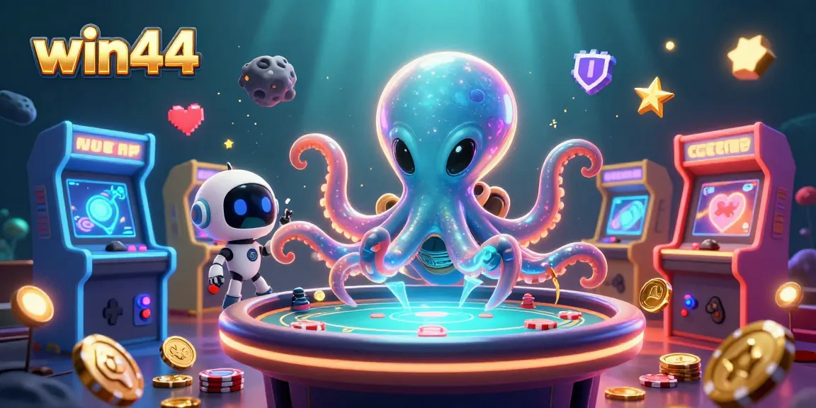 Win44 engages players with an exciting alien-themed holographic poker game and vibrant casino elements.