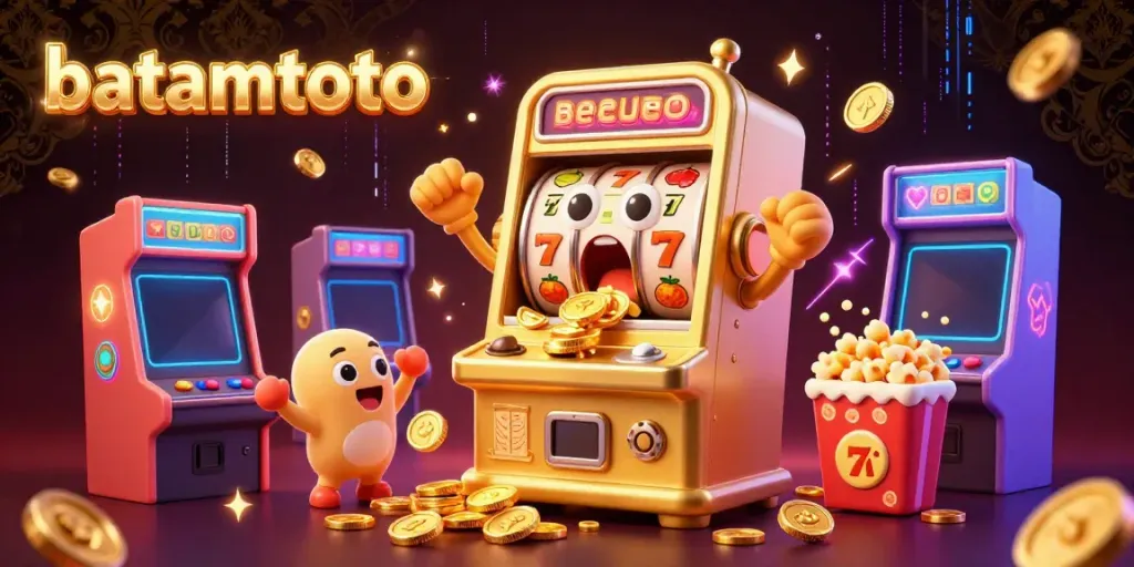 Experience batamtoto's thrilling jackpot moment with colorful slot machines and lively arcade elements.