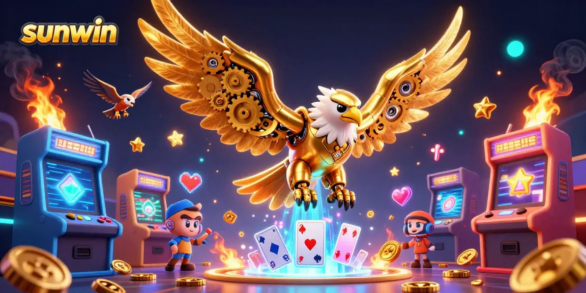 Experience excitement with Sunwin's immersive gaming scene featuring a golden eagle surrounded by vibrant arcade elements.