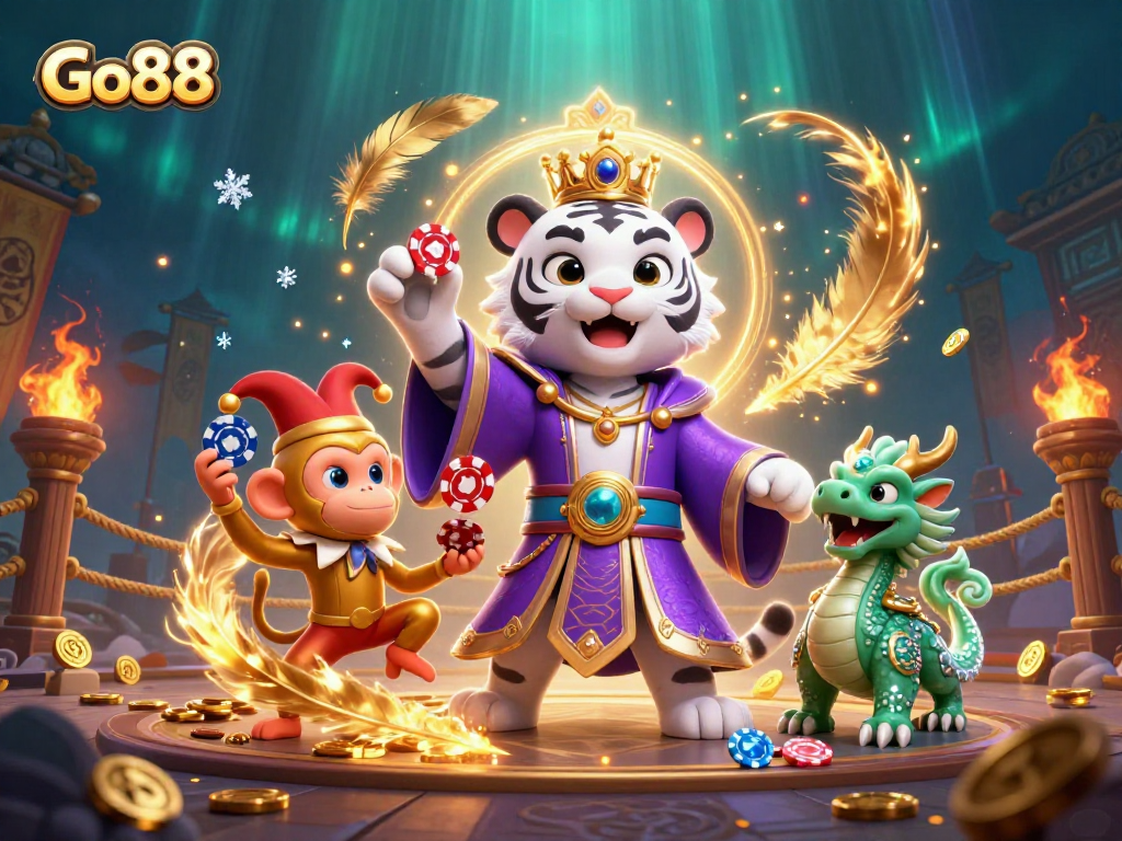 Experience Go88's vibrant casino world with the majestic tiger, playful monkey, and jade dragon.