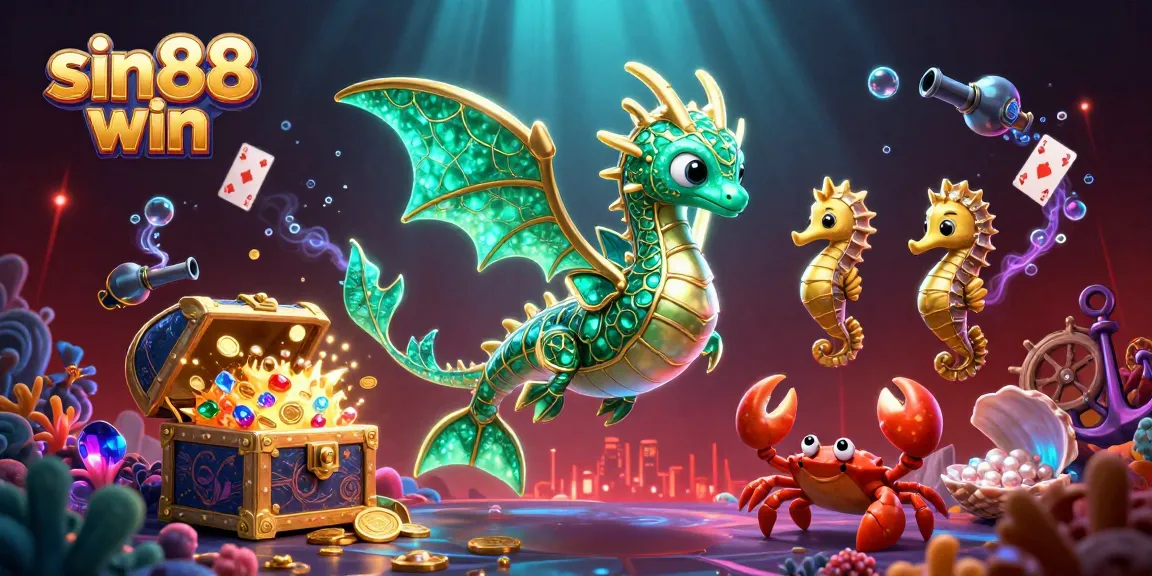 Engage in winning strategies at sin88 win with vibrant sea dragon and treasure elements in an underwater scene.