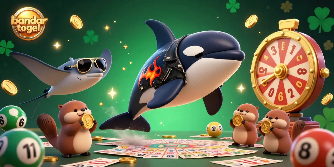 Engaging scene with bandar togel characters like orca whale and stingray surrounded by colorful lottery elements.