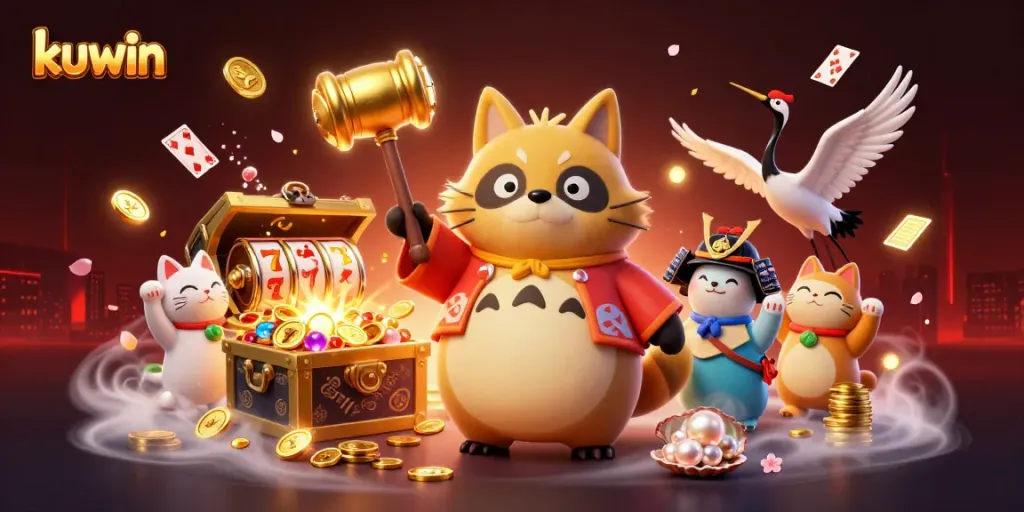 Kuwin themed exciting slot game illustration featuring cheerful tanuki, a lucky crane, and colorful maneki-neko.