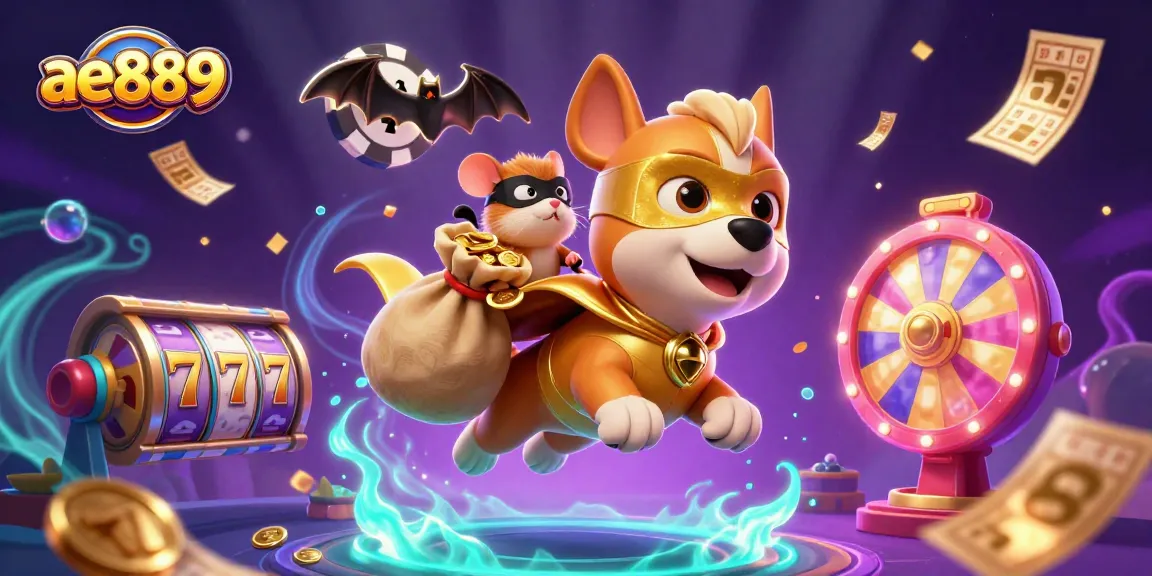 Win big with ae889 in an exhilarating 3D casino scene featuring a superhero dog and colorful game elements.