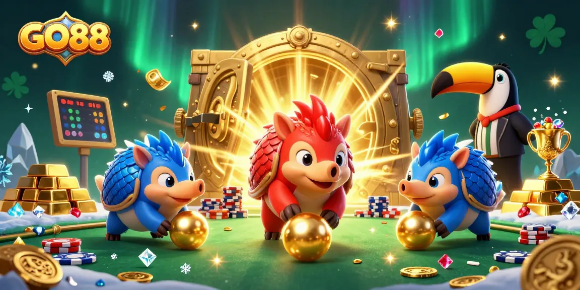 Experience the excitement of GO88 casino with dynamic pangolins, golden treasures, and vibrant game elements.