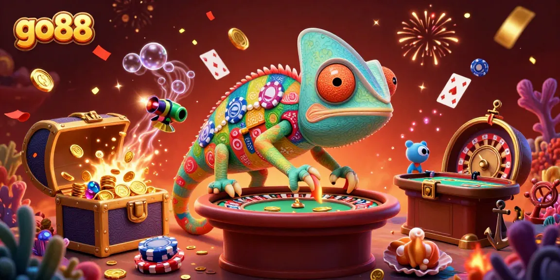 Experience thrilling action at go88 with an eye-catching illustration of a chameleon casino owner.